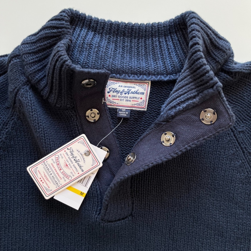 NWT Flag & Anthem 1/4 Snap Heavyweight Knit Mock Neck Sweater Mens Medium Navy - Picture 9 of 11